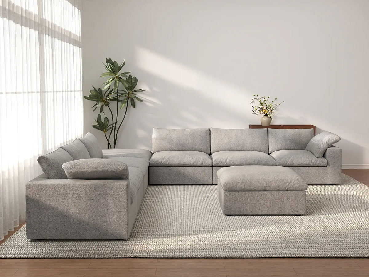 Deluxe Cloud 6-Seater Sofa Set in Light-Grey Cotton And Linen | 8-Piece (Includes 2 Ottomans), Living Room, Easy To Clean, Modern Style