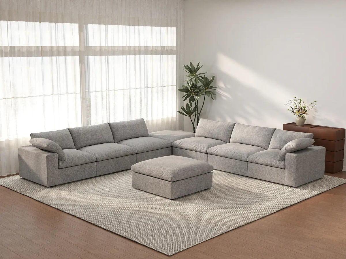 Deluxe Cloud 6-Seater Sofa Set in Light-Grey Cotton And Linen | 8-Piece (Includes 2 Ottomans), Living Room, Easy To Clean, Modern Style