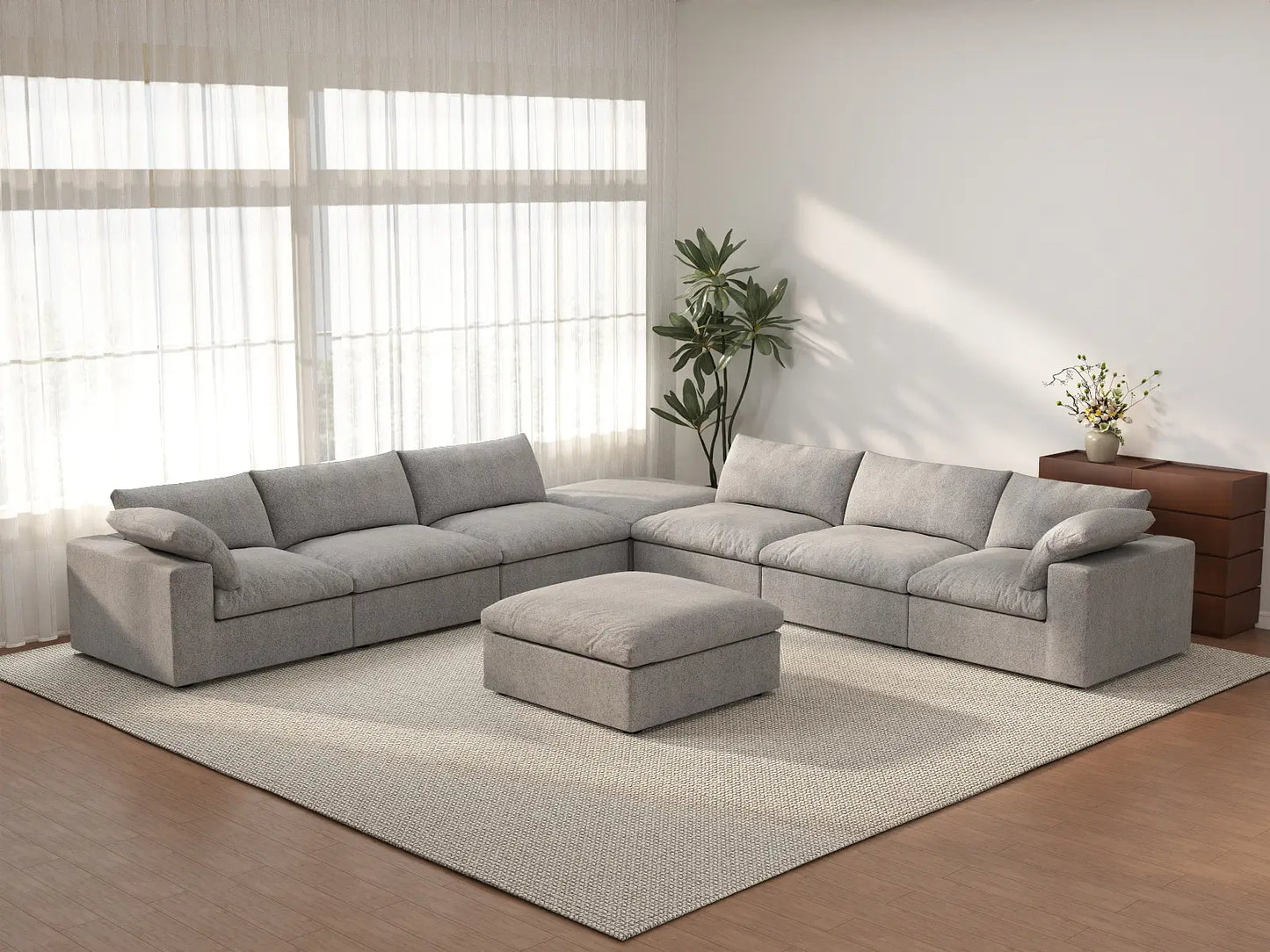 Deluxe Cloud 6-Seater Sofa Set in Light-Grey Cotton And Linen | 8-Piece (Includes 2 Ottomans), Living Room, Easy To Clean, Modern Style