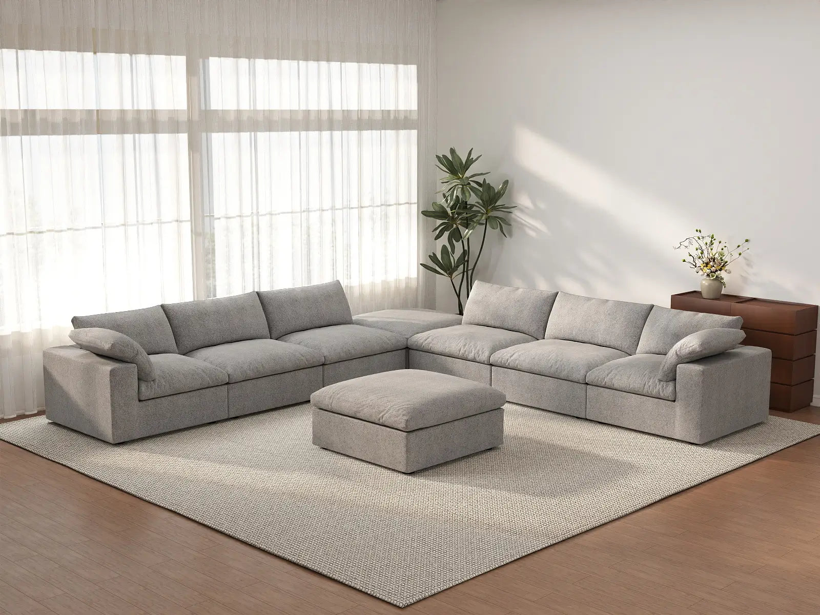Deluxe Cloud 6-Seater Sofa Set in Light-Grey Cotton And Linen | 8-Piece (Includes 2 Ottomans), Living Room, Easy To Clean, Modern Style