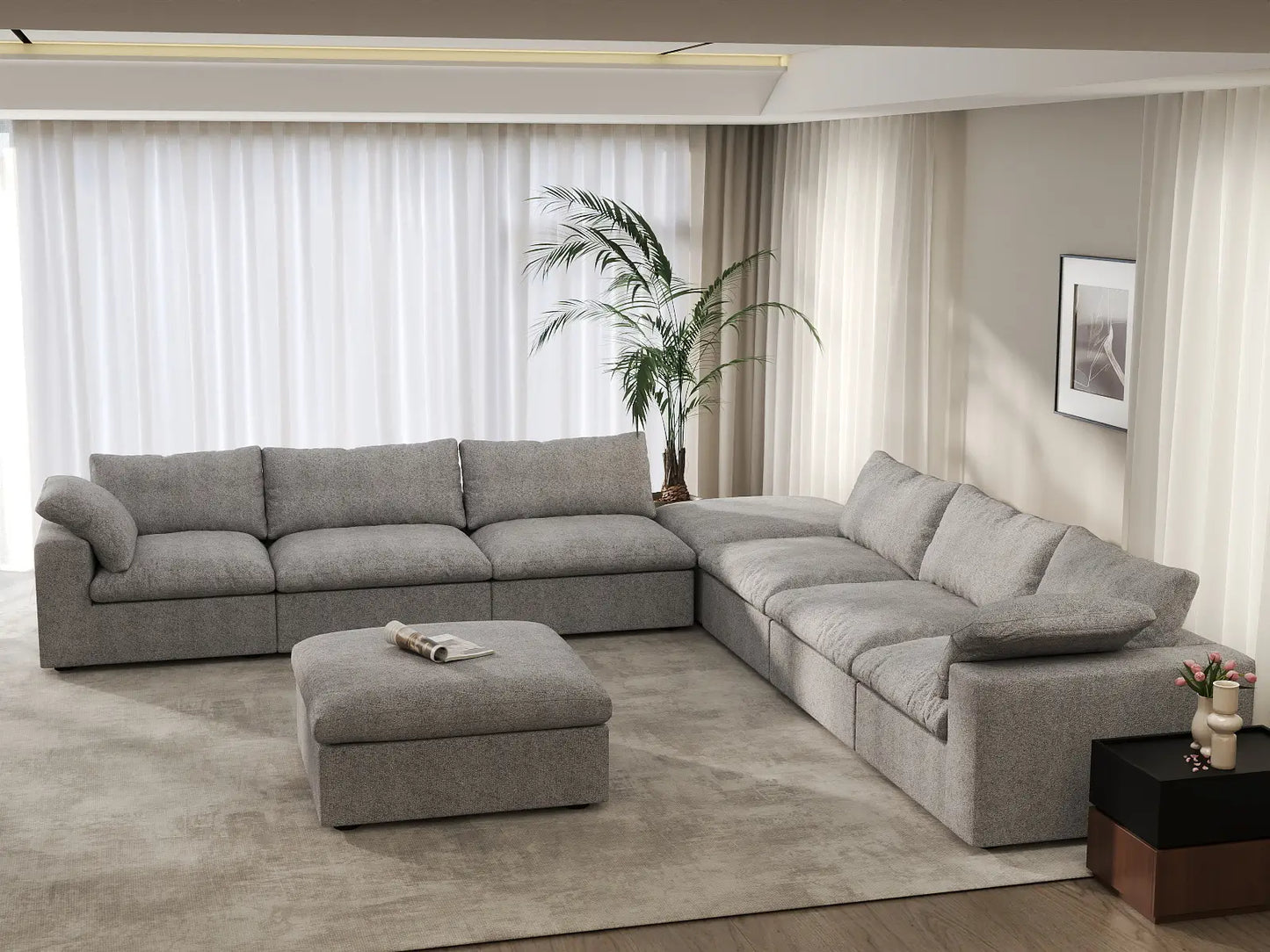 Deluxe Premium Cloud Sectional Sofa Covers | Light Grey Cotton and Linen Sofa Cover for 6-Seater with 2-Ottomans