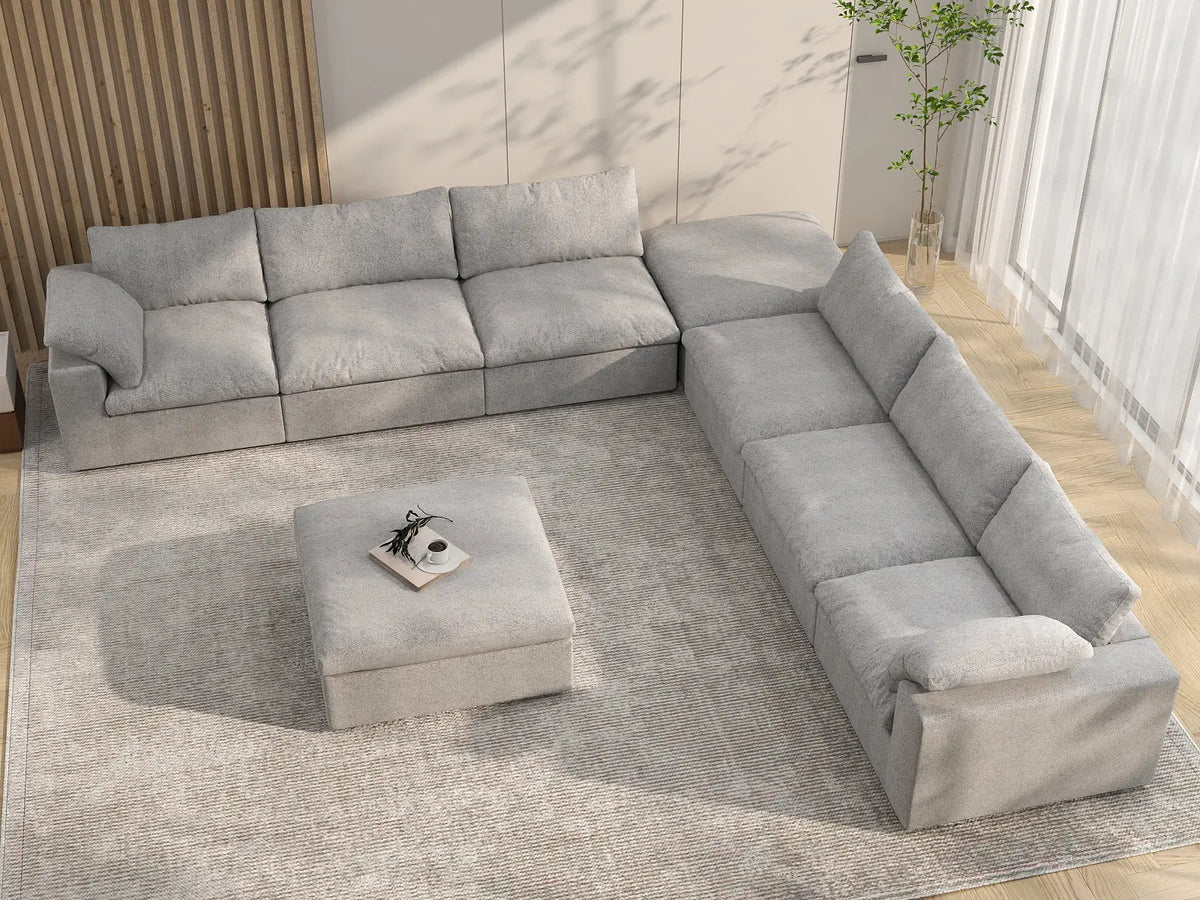 Deluxe Premium Cloud Sectional Sofa Covers | Light Grey Cotton and Linen Sofa Cover for 6-Seater with 2-Ottomans