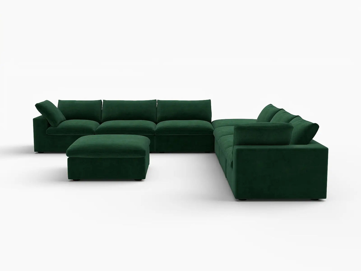 Deluxe Cloud 6-Seater Sofa Set in Olive Green Velvet | 8-Piece (Includes 2 Ottomans), Living Room, Easy To Clean, Stylish Design