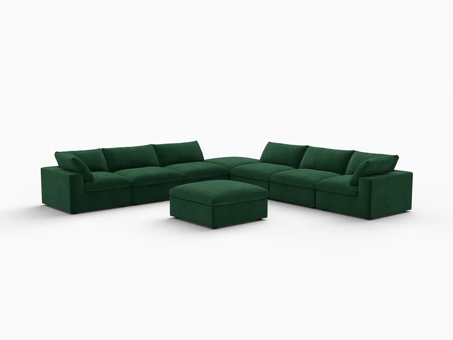 Deluxe Cloud 6-Seater Sofa Set in Olive Green Velvet | 8-Piece (Includes 2 Ottomans), Living Room, Easy To Clean, Stylish Design