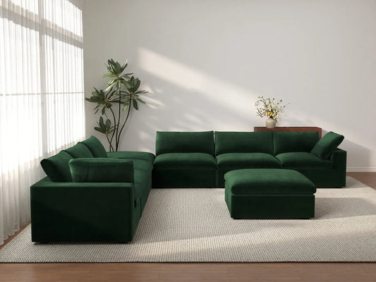 Deluxe Cloud 6-Seater Sofa Set in Olive Green Velvet | 8-Piece (Includes 2 Ottomans), Living Room, Easy To Clean, Stylish Design