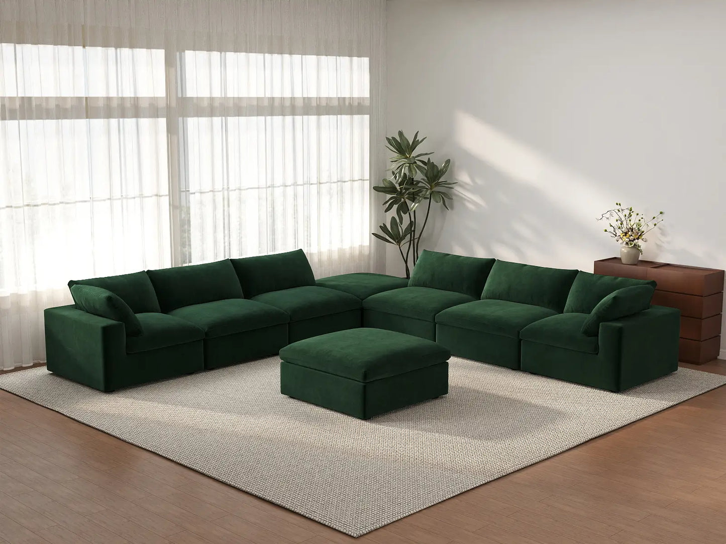 Deluxe Cloud 6-Seater Sofa Set in Olive Green Velvet | 8-Piece (Includes 2 Ottomans), Living Room, Easy To Clean, Stylish Design