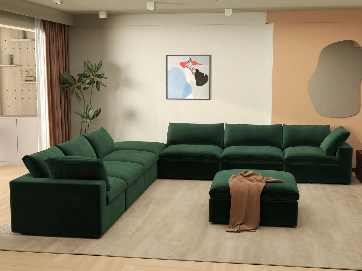 Deluxe Cloud 6-Seater Sofa Set in Olive Green Velvet | 8-Piece (Includes 2 Ottomans), Living Room, Easy To Clean, Stylish Design