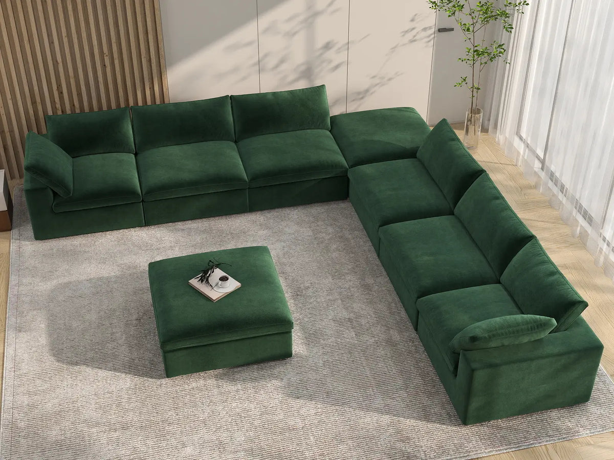 Deluxe Cloud 6-Seater Sofa Set in Olive Green Velvet | 8-Piece (Includes 2 Ottomans), Living Room, Easy To Clean, Stylish Design