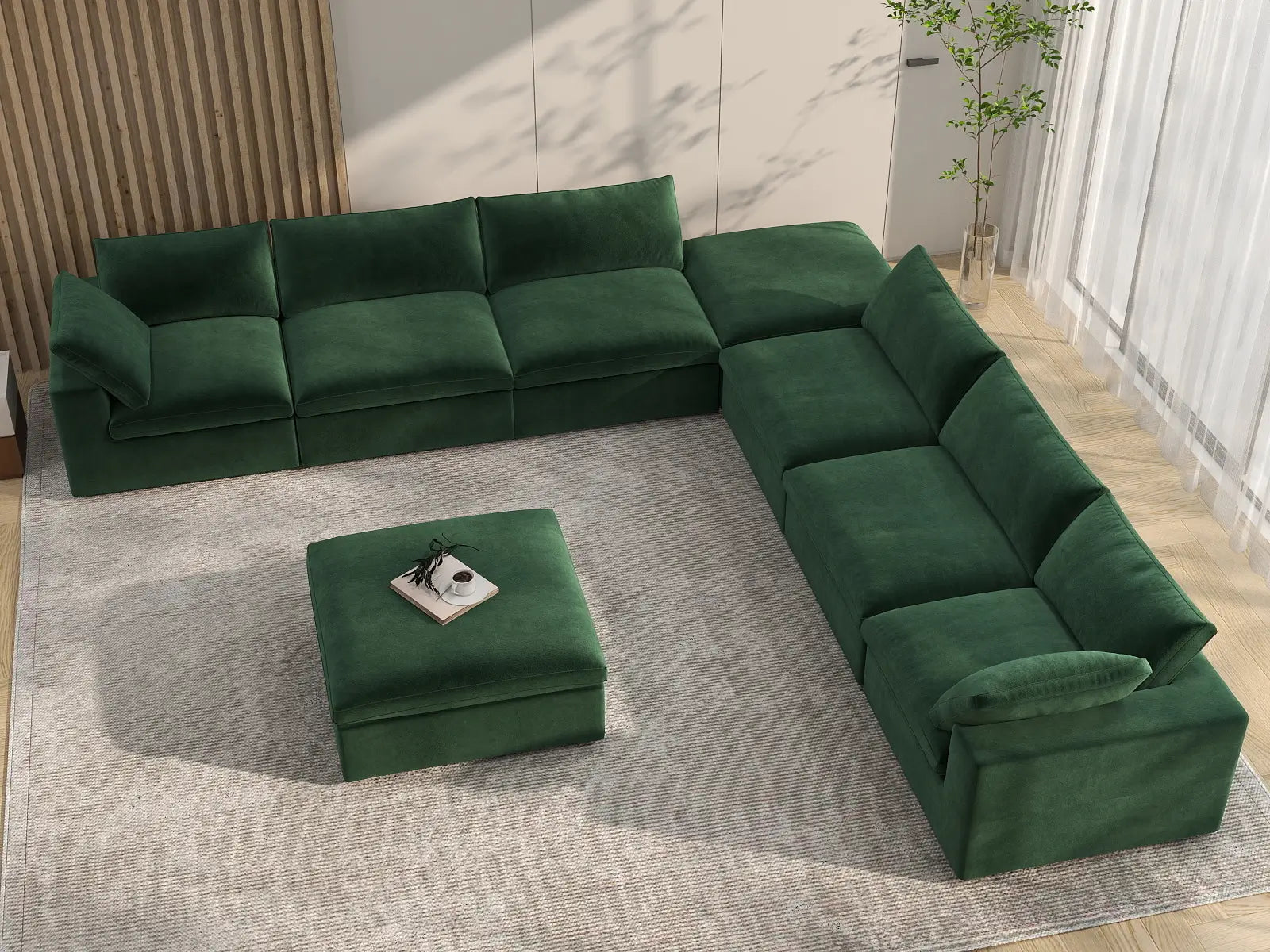 Deluxe Cloud 6-Seater Sofa Set in Olive Green Velvet | 8-Piece (Includes 2 Ottomans), Living Room, Easy To Clean, Stylish Design