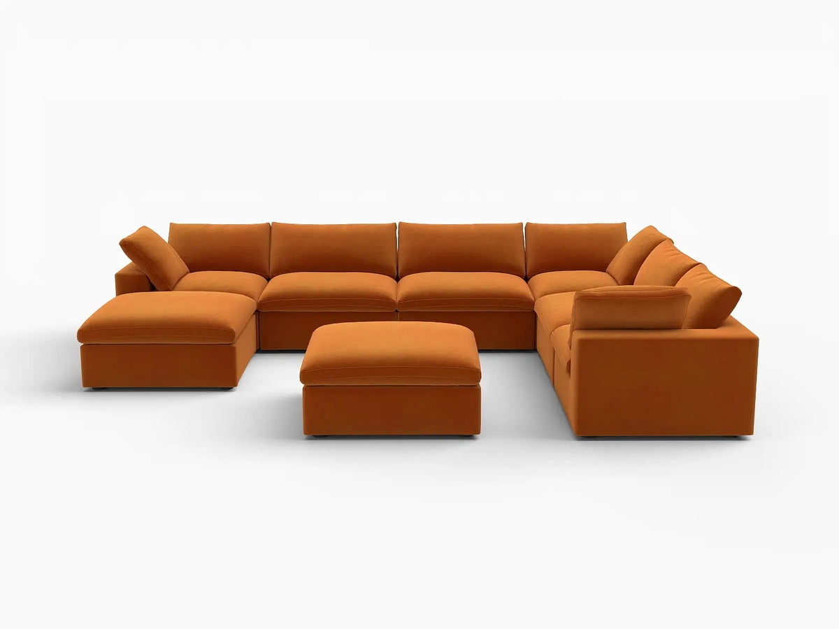 Deluxe Cloud 6-Seater Sofa Set in Terracotta Velvet | 8-Piece (Includes 2 Ottomans), Living Room, Easy To Clean, Open Space