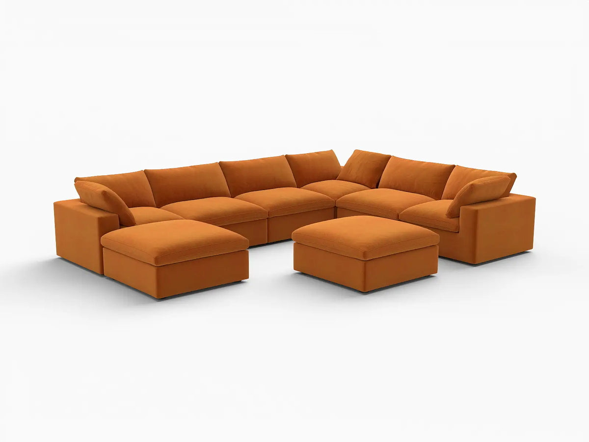 Deluxe Cloud 6-Seater Sofa Set in Terracotta Velvet | 8-Piece (Includes 2 Ottomans), Living Room, Easy To Clean, Open Space
