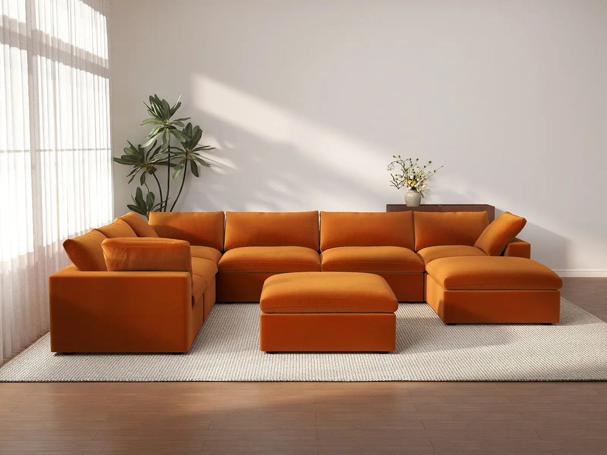 Deluxe Cloud 6-Seater Sofa Set in Terracotta Velvet | 8-Piece (Includes 2 Ottomans), Living Room, Easy To Clean, Open Space