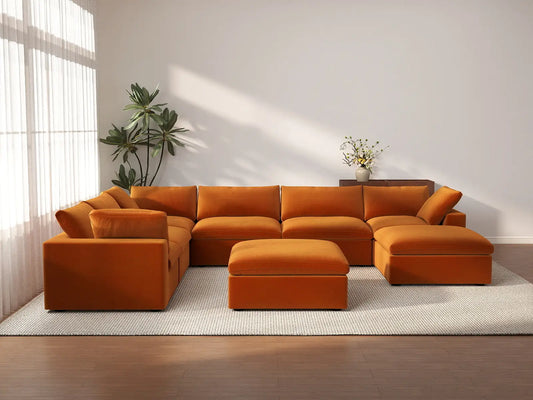 Deluxe Cloud 6-Seater Sofa Set in Terracotta Velvet | 8-Piece (Includes 2 Ottomans), Living Room, Easy To Clean, Open Space