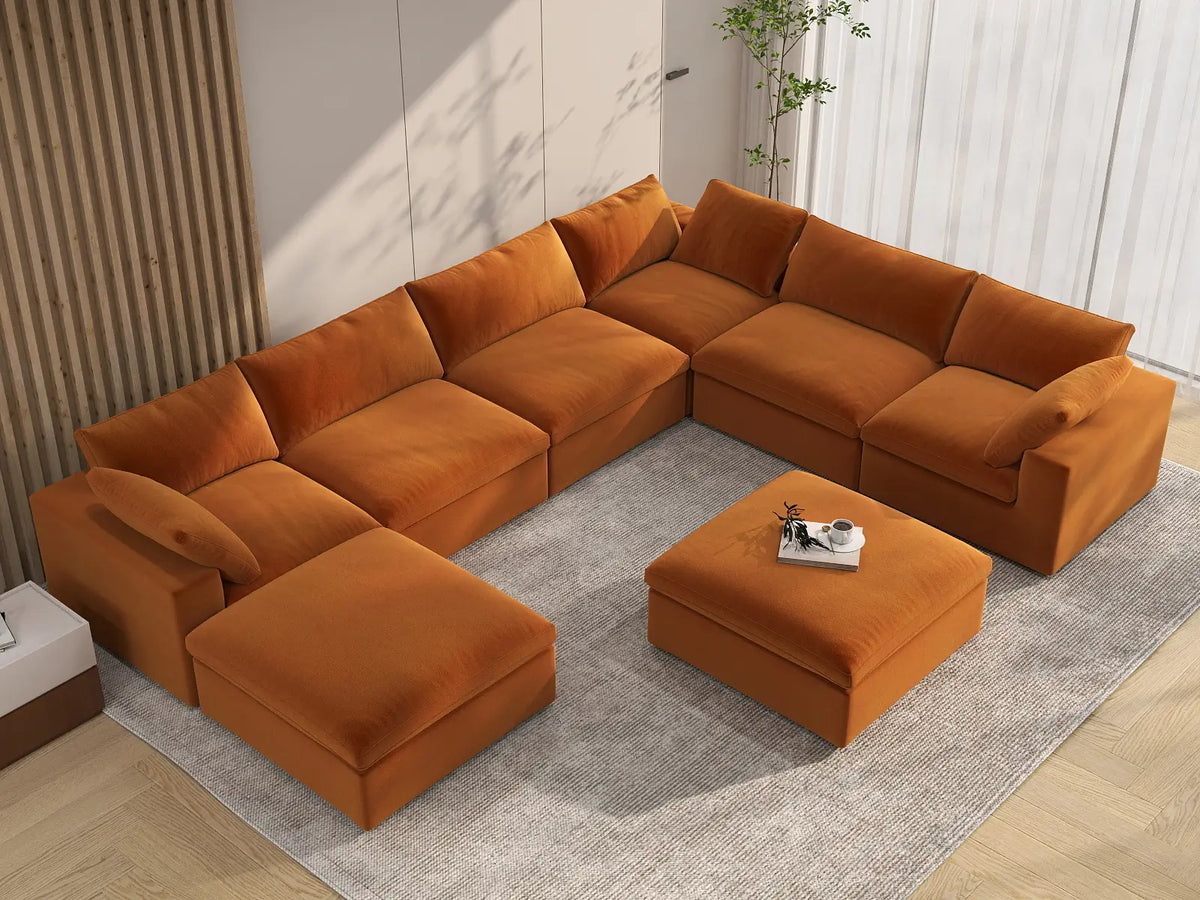 Deluxe Cloud 6-Seater Sofa Set in Terracotta Velvet | 8-Piece (Includes 2 Ottomans), Living Room, Easy To Clean, Open Space