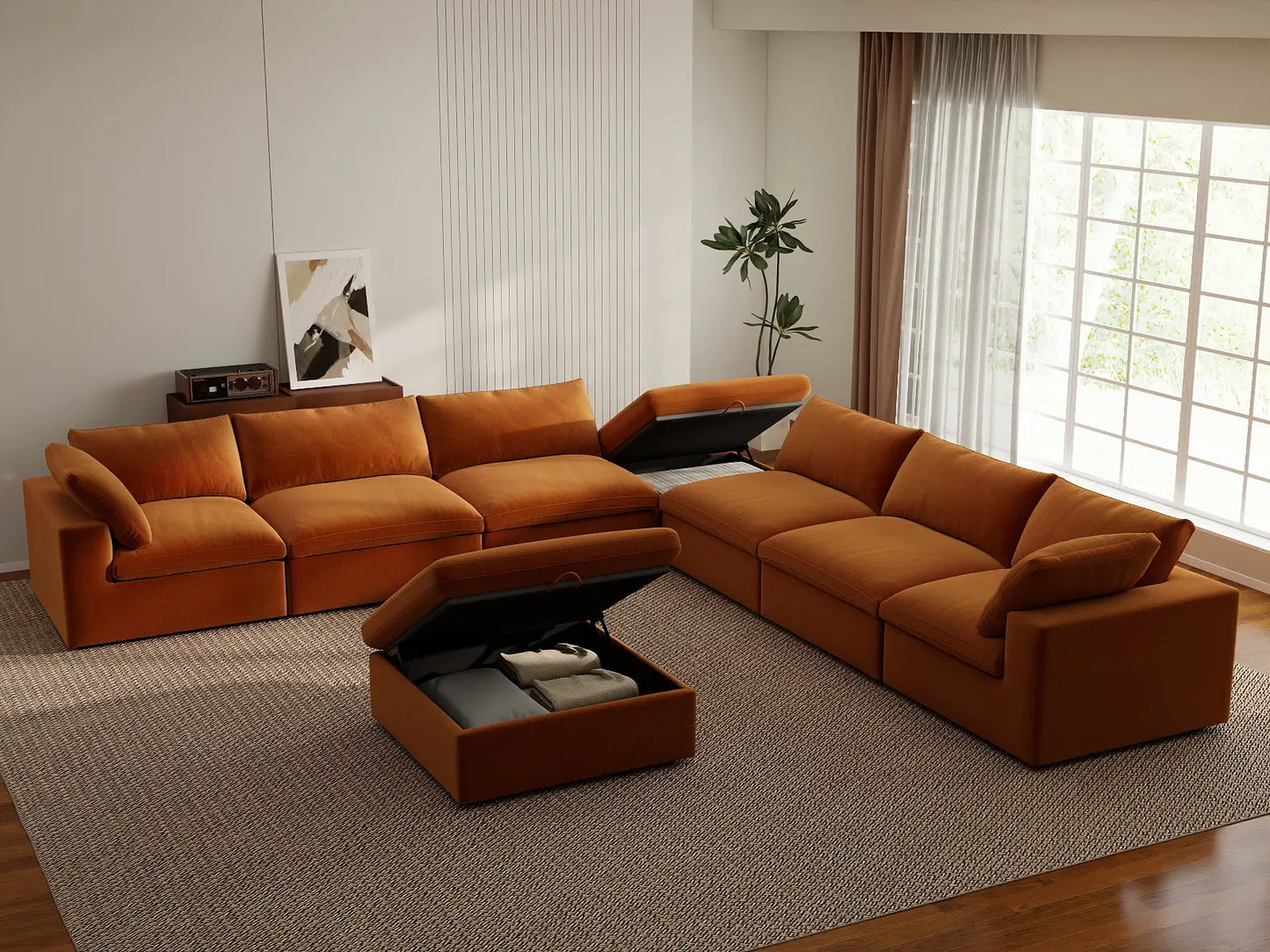 Deluxe Cloud 6-Seater Terracotta Sofa Set | 8-Piece (Includes 2 Ottomans), Velvet Fabric, Living Room, Washable Cushion Covers