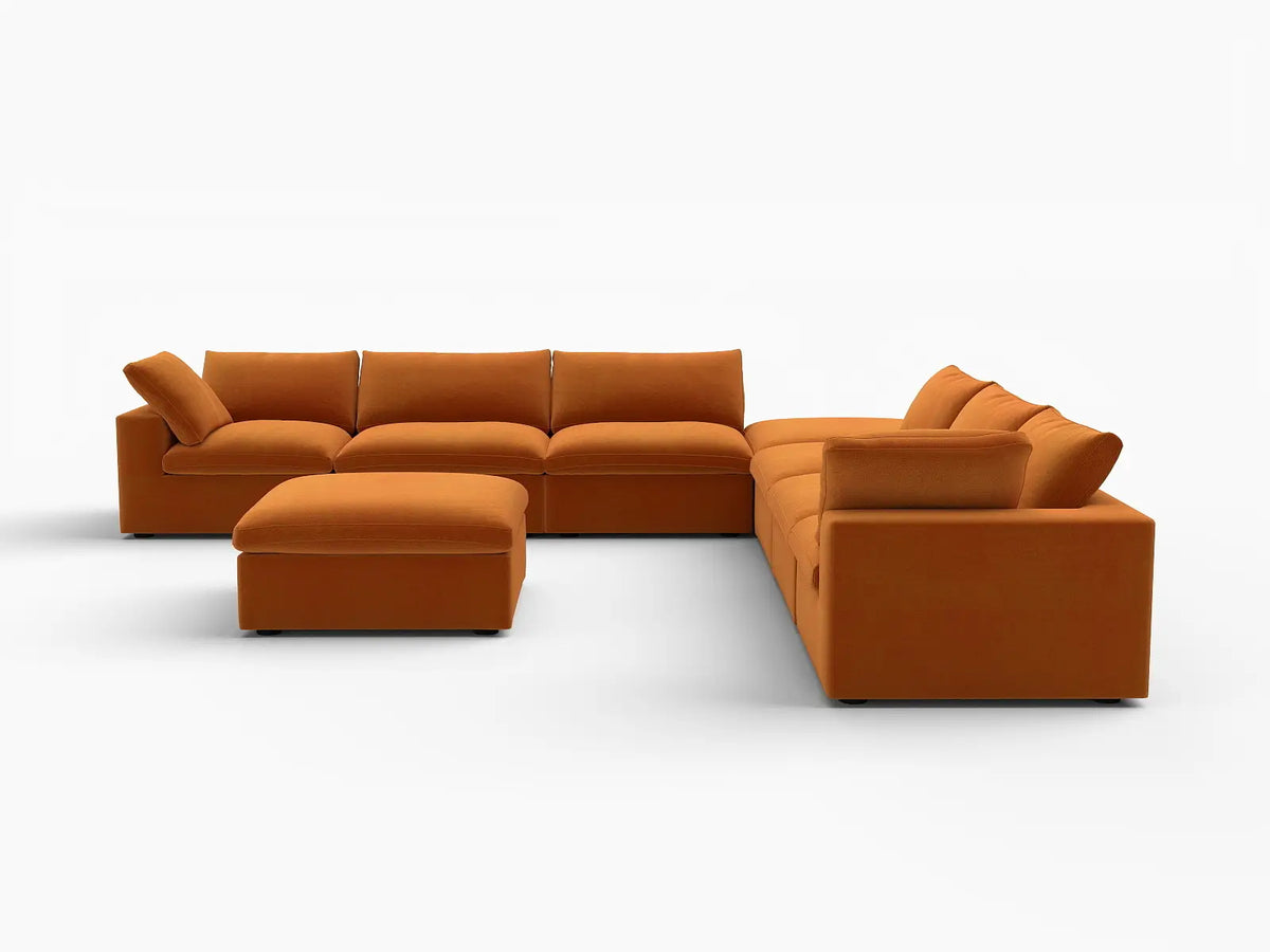 Deluxe Cloud 6-Seater Terracotta Sofa Set | 8-Piece (Includes 2 Ottomans), Velvet Fabric, Living Room, Washable Cushion Covers