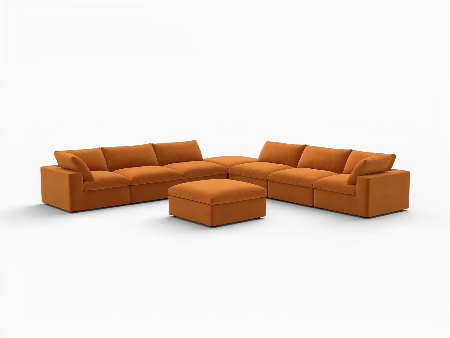 Deluxe Cloud 6-Seater Terracotta Sofa Set | 8-Piece (Includes 2 Ottomans), Velvet Fabric, Living Room, Washable Cushion Covers