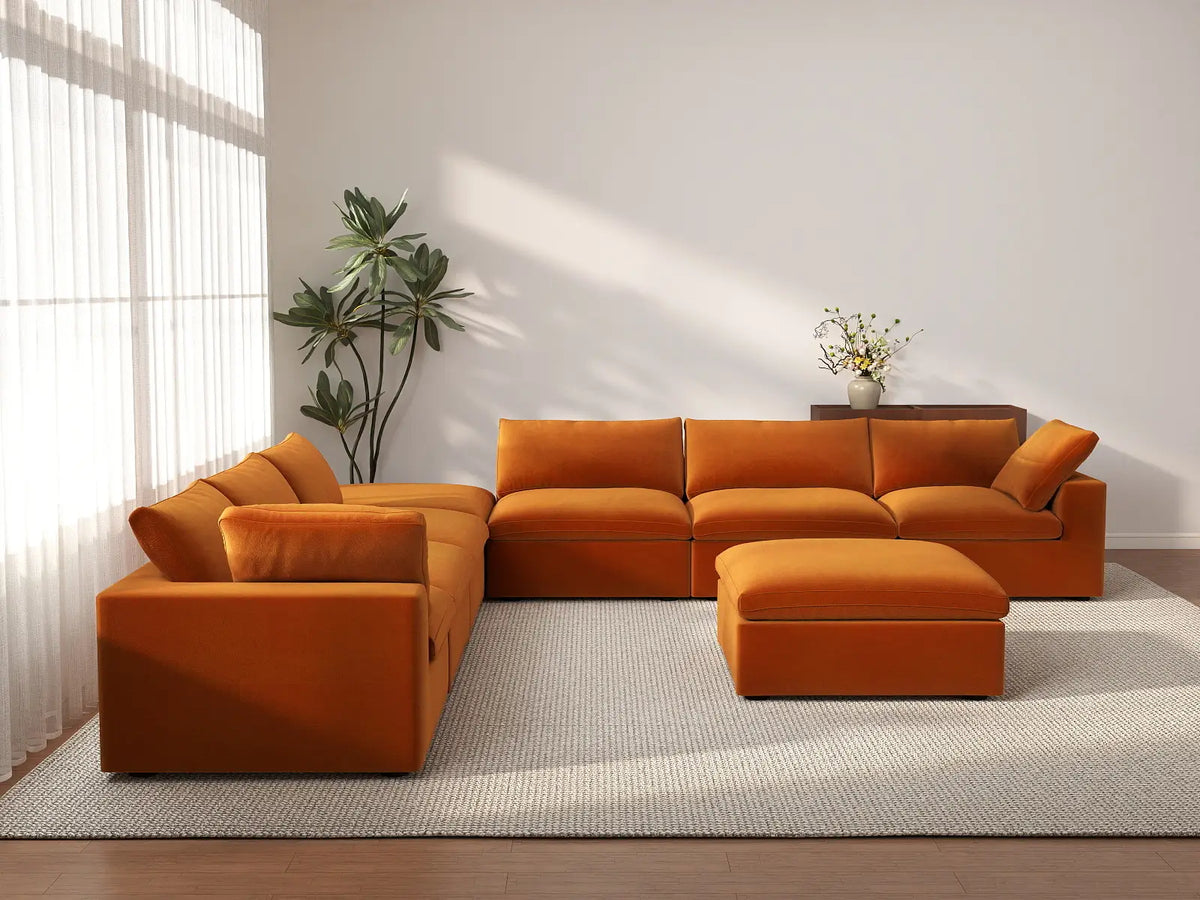 Deluxe Cloud 6-Seater Terracotta Sofa Set | 8-Piece (Includes 2 Ottomans), Velvet Fabric, Living Room, Washable Cushion Covers