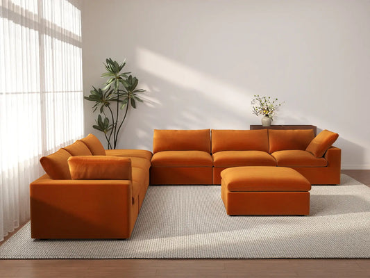 Deluxe Cloud 6-Seater Terracotta Sofa Set | 8-Piece (Includes 2 Ottomans), Velvet Fabric, Living Room, Washable Cushion Covers