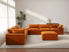 Deluxe Cloud 6-Seater Terracotta Sofa Set | 8-Piece (Includes 2 Ottomans), Velvet Fabric, Living Room, Washable Cushion Covers