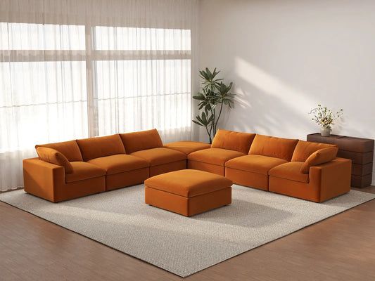 Deluxe Cloud 6-Seater Terracotta Sofa Set | 8-Piece (Includes 2 Ottomans), Velvet Fabric, Living Room, Washable Cushion Covers