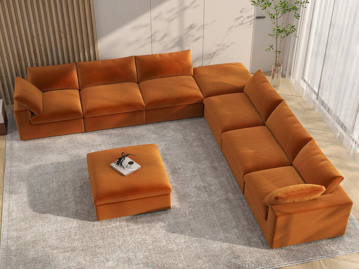 Deluxe Cloud 6-Seater Terracotta Sofa Set | 8-Piece (Includes 2 Ottomans), Velvet Fabric, Living Room, Washable Cushion Covers