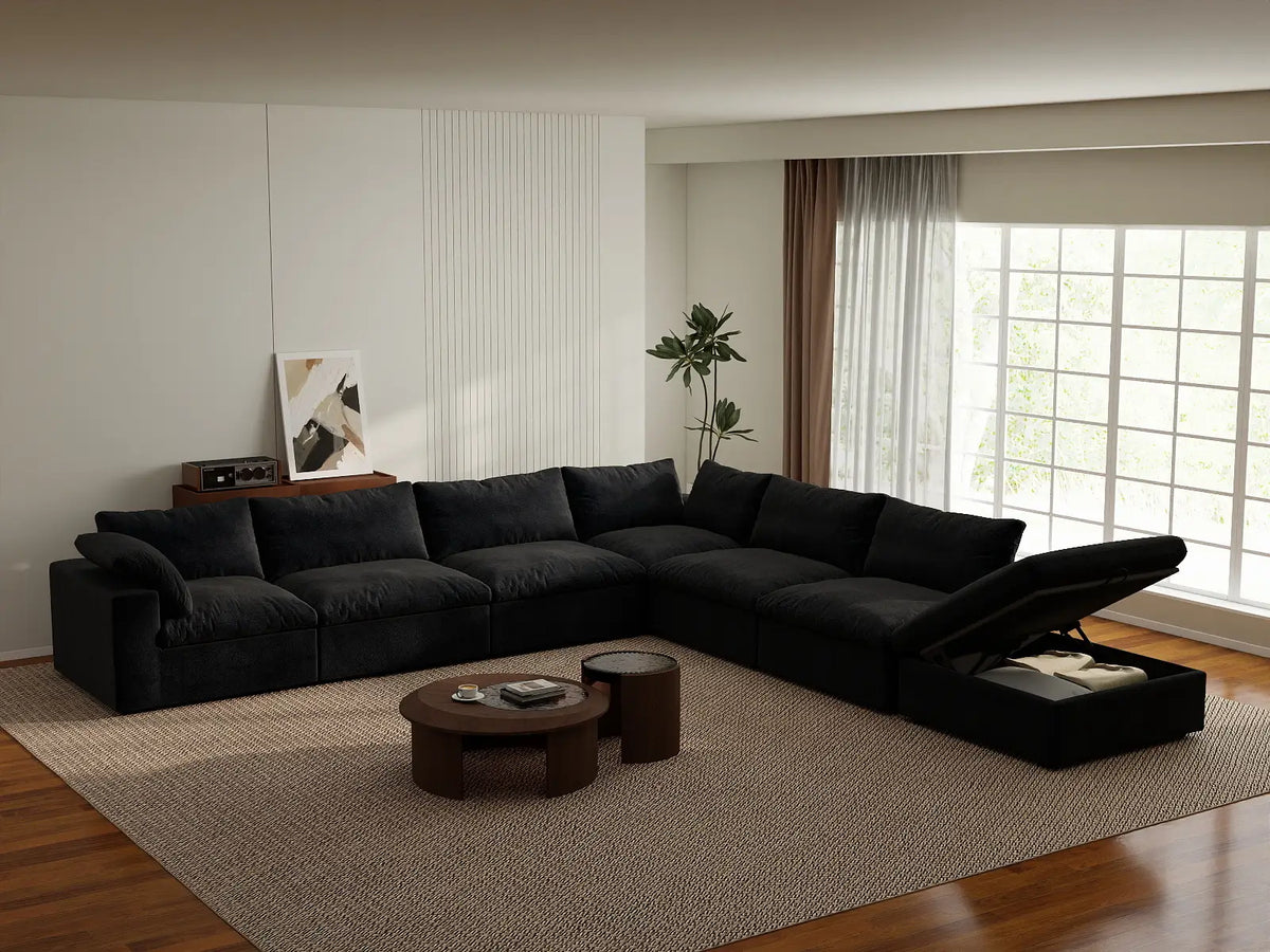 Deluxe Premium Cloud Sectional Sofa Covers | Black Cotton and Linen Sofa Cover for 6-Seater with 1-Ottoman