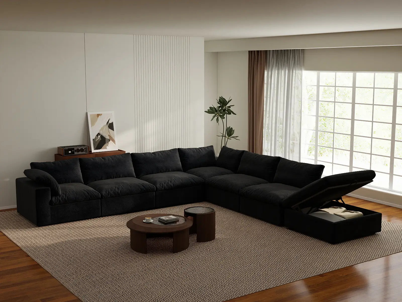 Deluxe Cloud 6-Seater V-Shaped Sectional in Black Cotton And Linen | 7-Piece (Includes 1 Ottoman), Living Room Seating, Easy To Clean, Modern Style