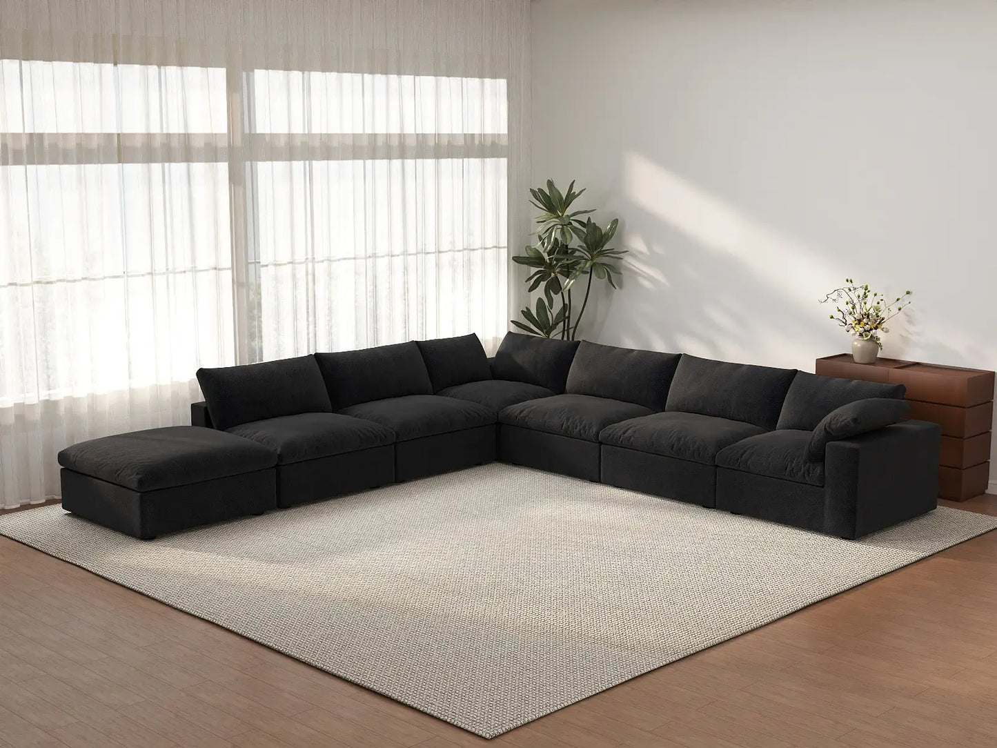Deluxe Cloud 6-Seater V-Shaped Sectional in Black Cotton And Linen | 7-Piece (Includes 1 Ottoman), Living Room Seating, Easy To Clean, Modern Style