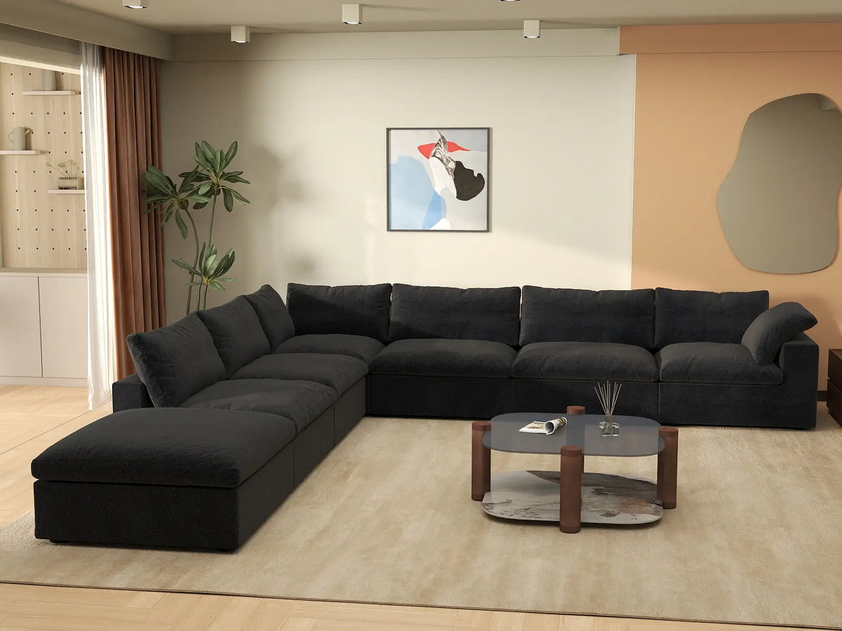 Deluxe Premium Cloud Sectional Sofa Covers | Black Cotton and Linen Sofa Cover for 6-Seater with 1-Ottoman