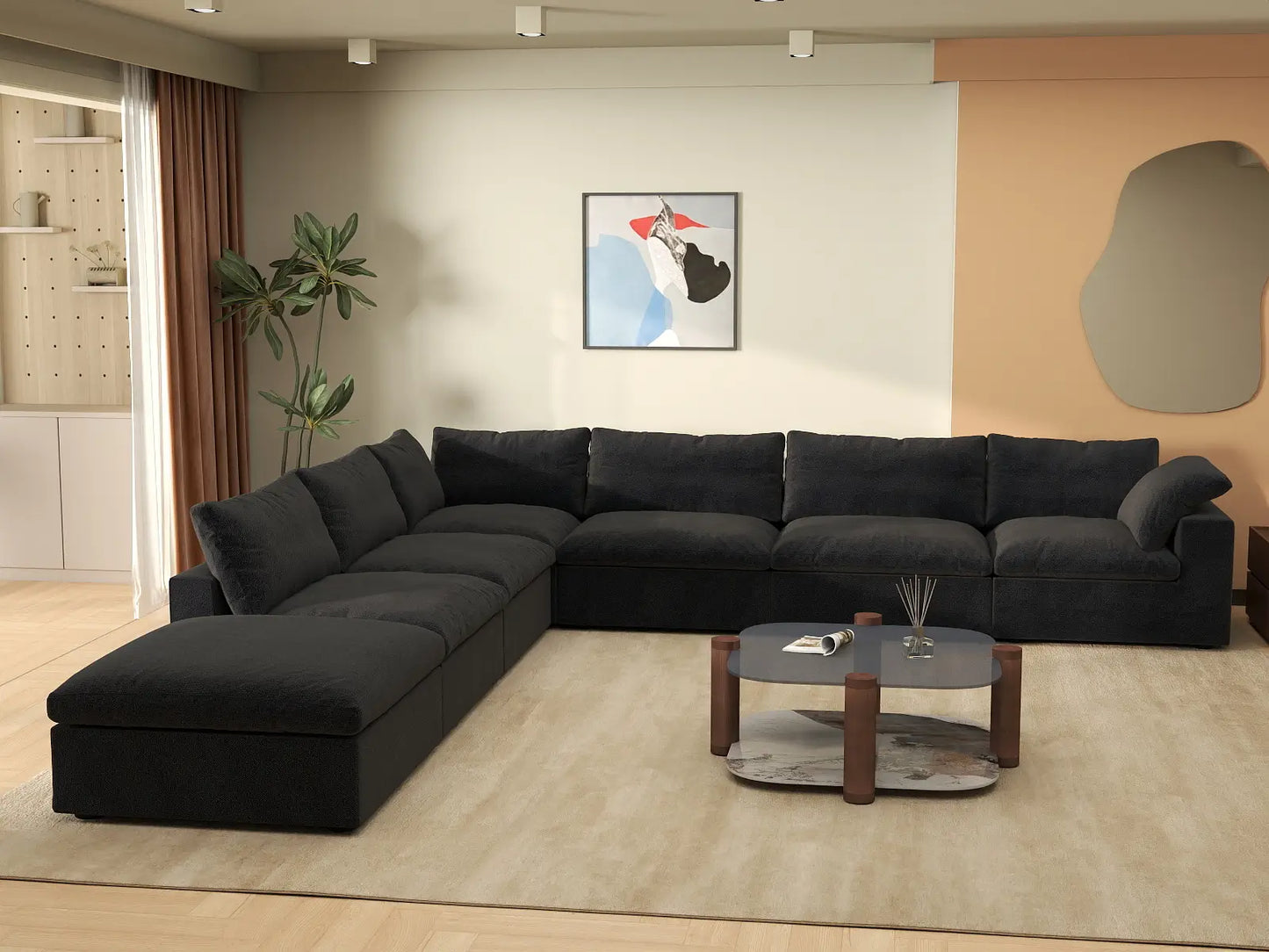 Deluxe Premium Cloud Sectional Sofa Covers | Black Cotton and Linen Sofa Cover for 6-Seater with 1-Ottoman