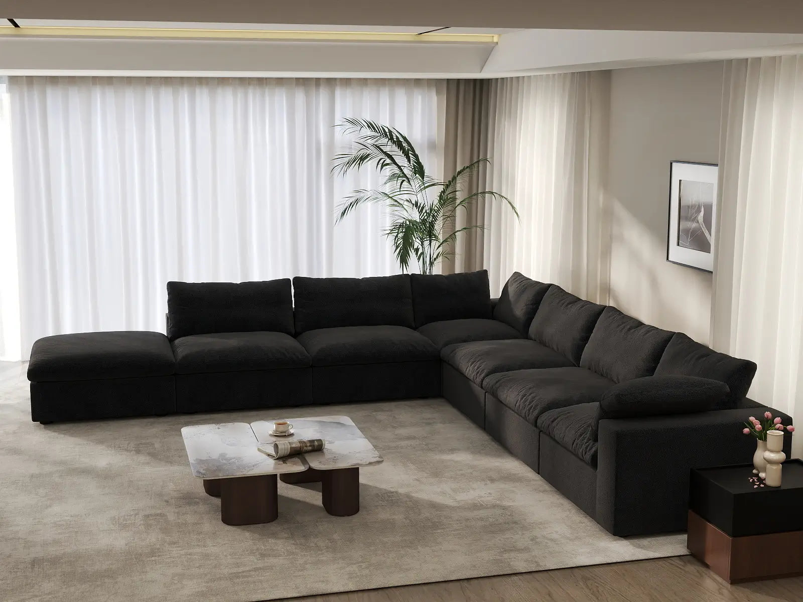 Deluxe Cloud 6-Seater V-Shaped Sectional in Black Cotton And Linen | 7-Piece (Includes 1 Ottoman), Living Room Seating, Easy To Clean, Modern Style