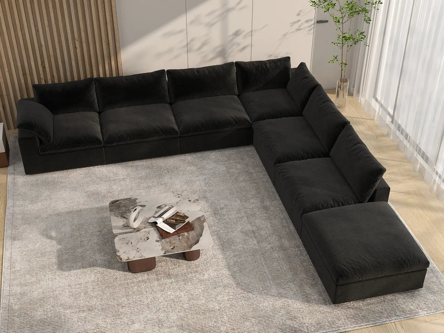 Deluxe Premium Cloud Sectional Sofa Covers | Black Cotton and Linen Sofa Cover for 6-Seater with 1-Ottoman