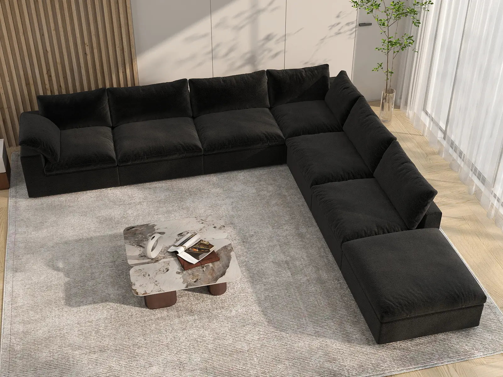Deluxe Cloud 6-Seater V-Shaped Sectional in Black Cotton And Linen | 7-Piece (Includes 1 Ottoman), Living Room Seating, Easy To Clean, Modern Style