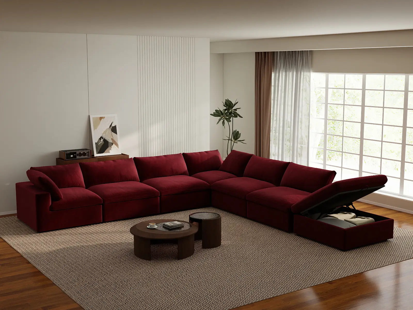 Deluxe Cloud 6-Seater V-Shaped Sectional in Claret Velvet | 7-Piece (Includes 1 Ottoman), Living Room Seating, Easy To Clean, Contemporary Style