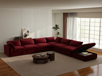 Deluxe Cloud 6-Seater V-Shaped Sectional in Claret Velvet | 7-Piece (Includes 1 Ottoman), Living Room Seating, Easy To Clean, Contemporary Style