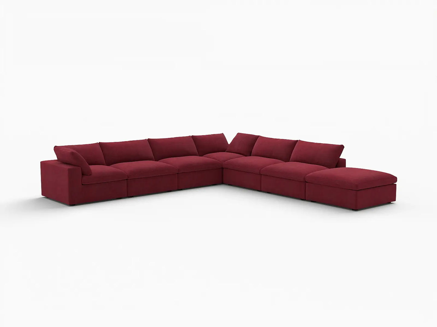 Deluxe Cloud 6-Seater V-Shaped Sectional in Claret Velvet | 7-Piece (Includes 1 Ottoman), Living Room Seating, Easy To Clean, Contemporary Style
