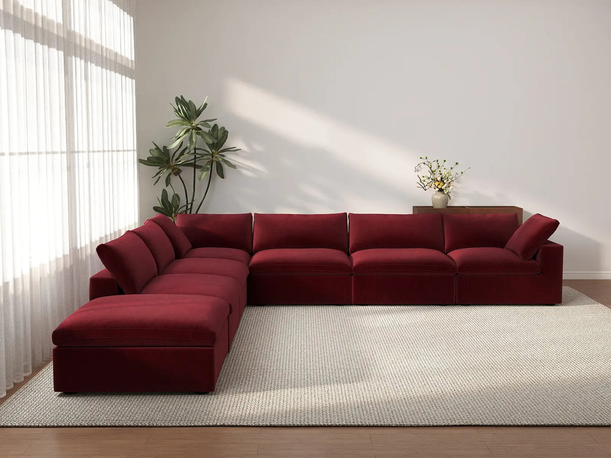 Deluxe Cloud 6-Seater V-Shaped Sectional in Claret Velvet | 7-Piece (Includes 1 Ottoman), Living Room Seating, Easy To Clean, Contemporary Style