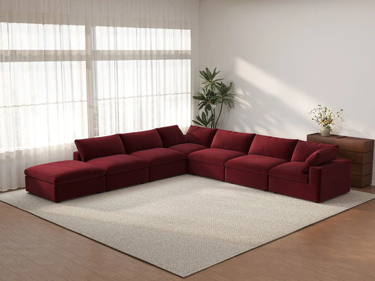 Deluxe Cloud 6-Seater V-Shaped Sectional in Claret Velvet | 7-Piece (Includes 1 Ottoman), Living Room Seating, Easy To Clean, Contemporary Style