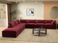 Deluxe Cloud 6-Seater V-Shaped Sectional in Claret Velvet | 7-Piece (Includes 1 Ottoman), Living Room Seating, Easy To Clean, Contemporary Style