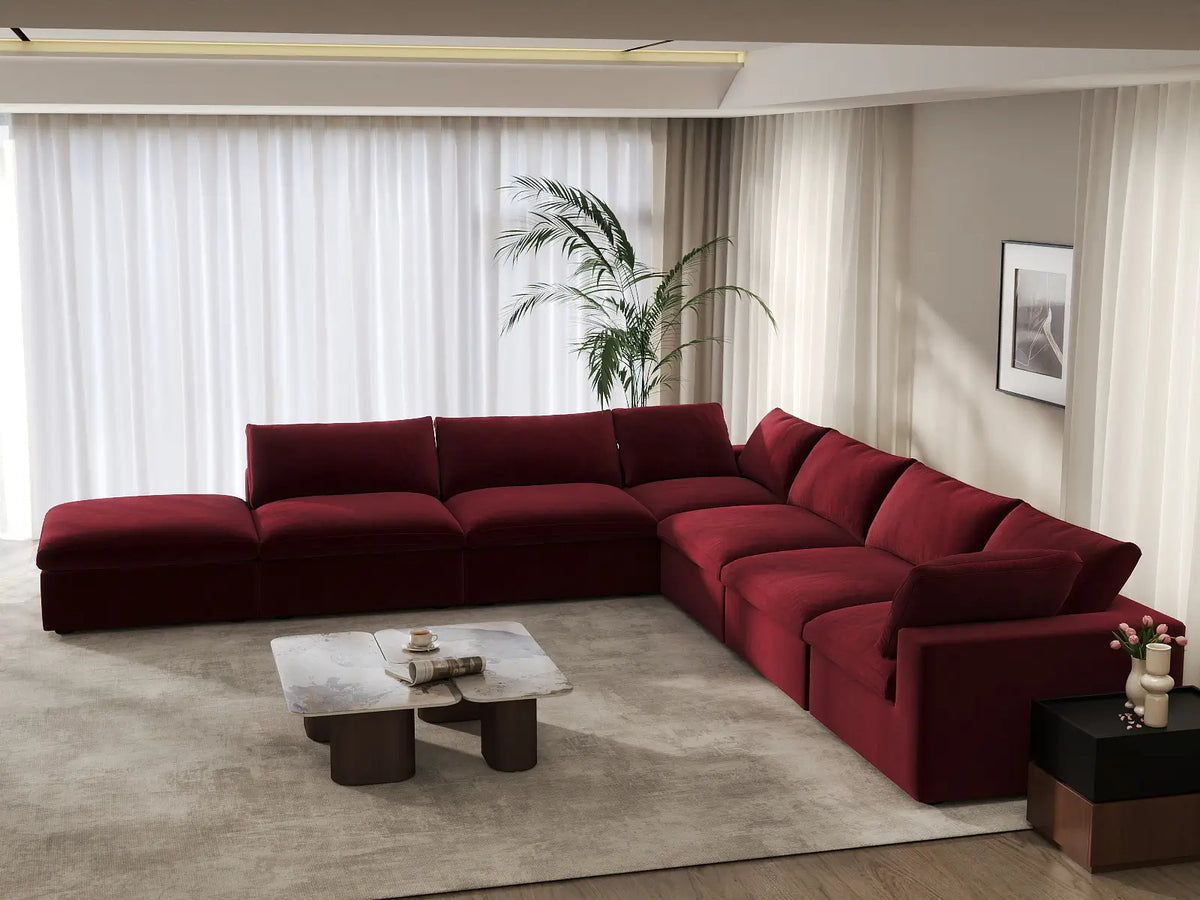 Deluxe Cloud 6-Seater V-Shaped Sectional in Claret Velvet | 7-Piece (Includes 1 Ottoman), Living Room Seating, Easy To Clean, Contemporary Style