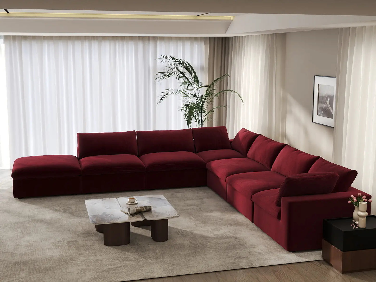 Deluxe Cloud 6-Seater V-Shaped Sectional in Claret Velvet | 7-Piece (Includes 1 Ottoman), Living Room Seating, Easy To Clean, Contemporary Style