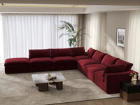 Deluxe Cloud 6-Seater V-Shaped Sectional in Claret Velvet | 7-Piece (Includes 1 Ottoman), Living Room Seating, Easy To Clean, Contemporary Style