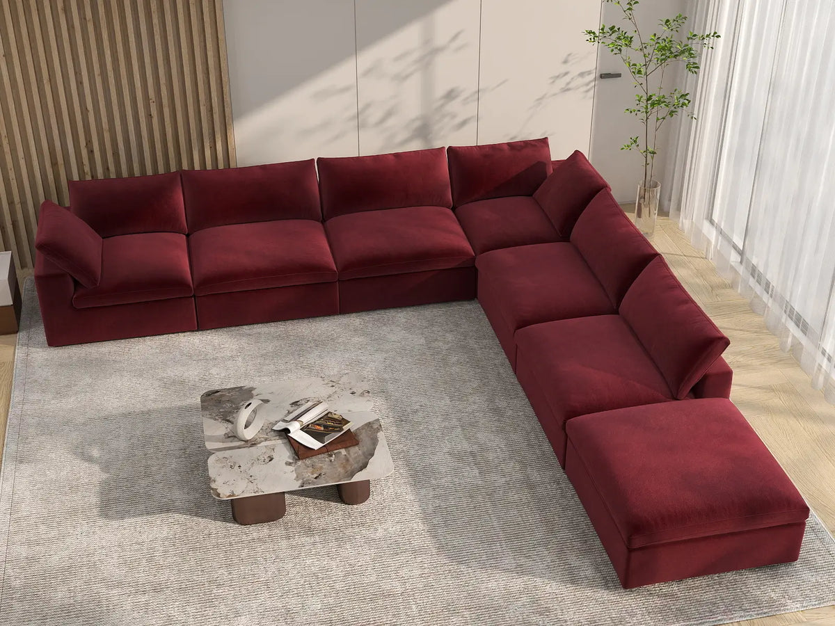 Deluxe Cloud 6-Seater V-Shaped Sectional in Claret Velvet | 7-Piece (Includes 1 Ottoman), Living Room Seating, Easy To Clean, Contemporary Style