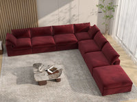Deluxe Cloud 6-Seater V-Shaped Sectional in Claret Velvet | 7-Piece (Includes 1 Ottoman), Living Room Seating, Easy To Clean, Contemporary Style