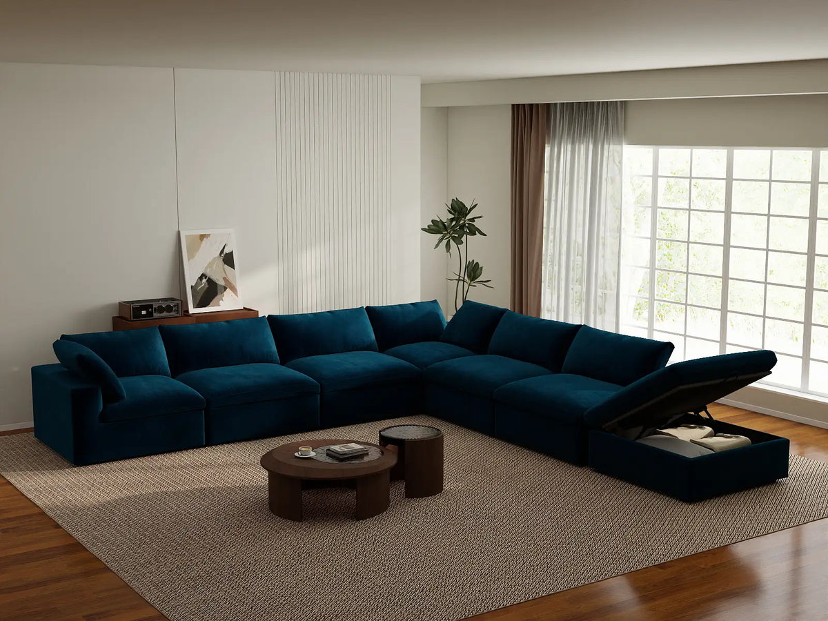 Deluxe Cloud 6-Seater V-Shaped Sectional in Dark Blue Velvet | 7-Piece (Includes 1 Ottoman), Living Room Seating, Easy To Clean, Modern Style