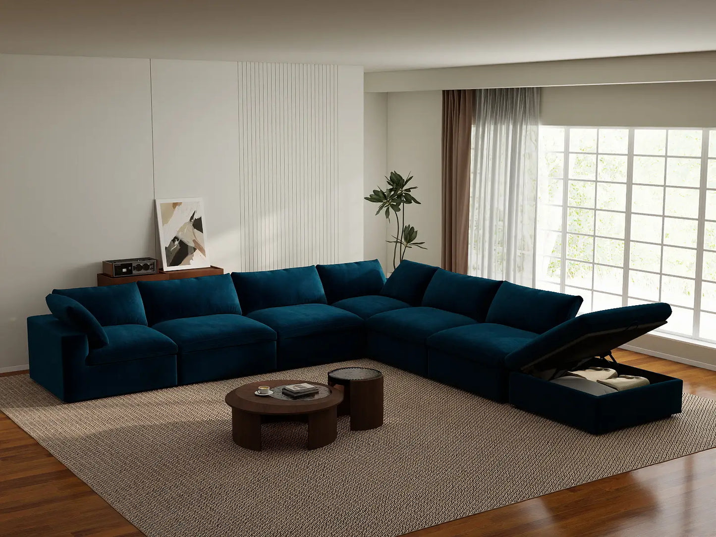 Deluxe Cloud 6-Seater V-Shaped Sectional in Dark Blue Velvet | 7-Piece (Includes 1 Ottoman), Living Room Seating, Easy To Clean, Modern Style