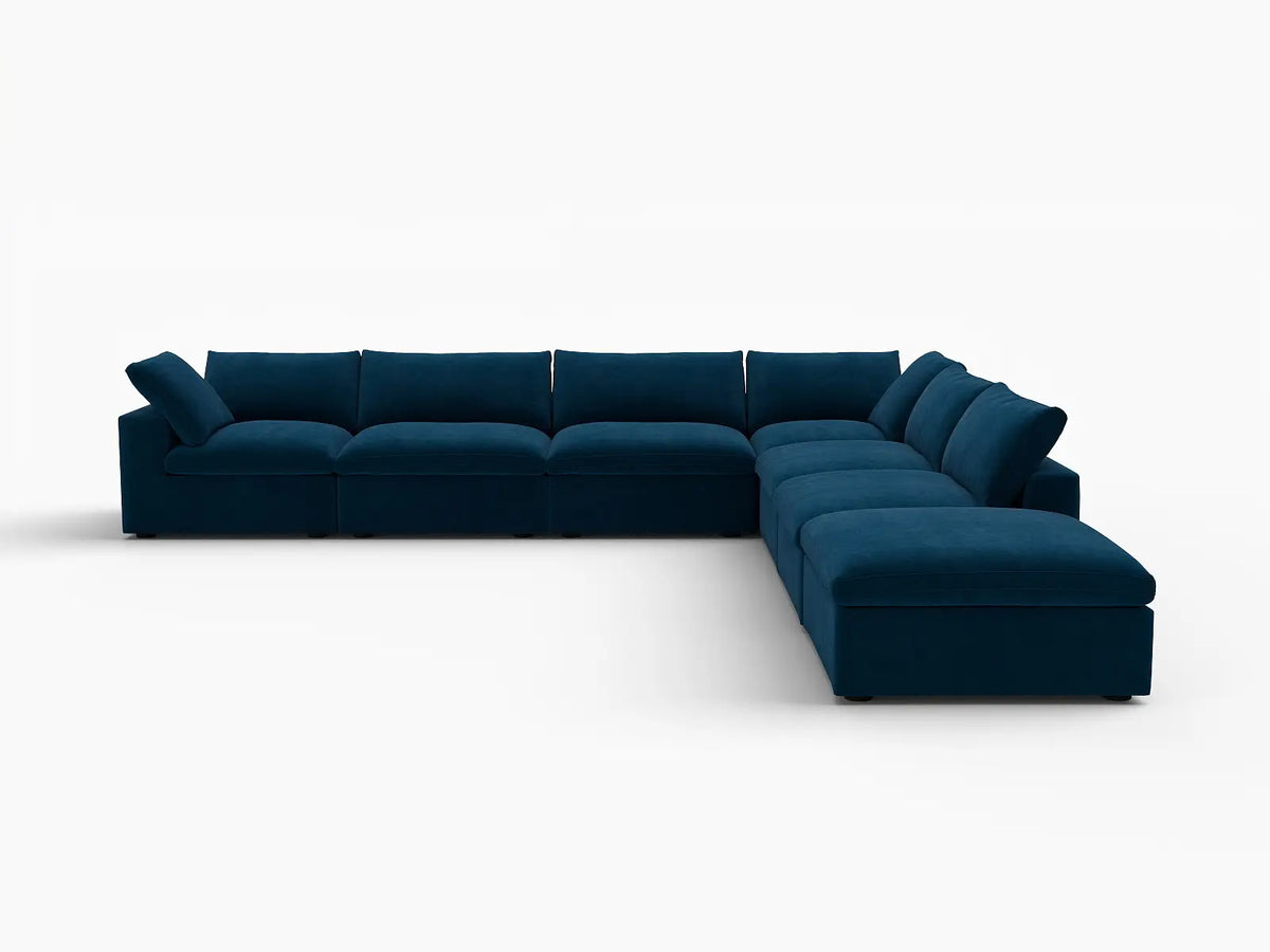 Deluxe Cloud 6-Seater V-Shaped Sectional in Dark Blue Velvet | 7-Piece (Includes 1 Ottoman), Living Room Seating, Easy To Clean, Modern Style