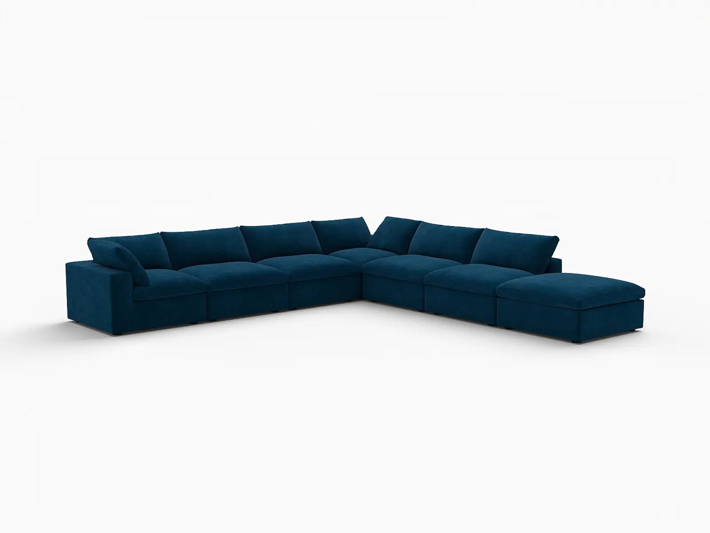 Deluxe Cloud 6-Seater V-Shaped Sectional in Dark Blue Velvet | 7-Piece (Includes 1 Ottoman), Living Room Seating, Easy To Clean, Modern Style