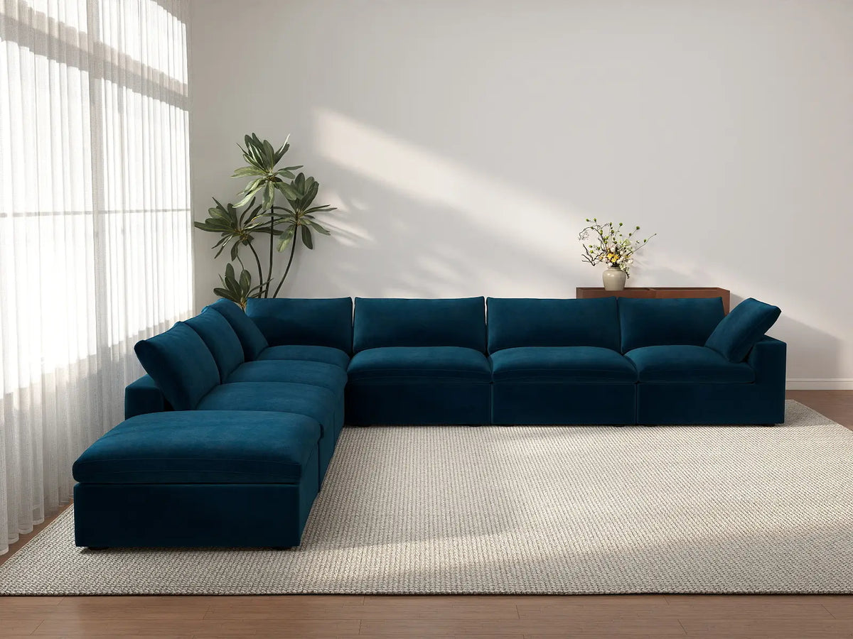 Deluxe Cloud 6-Seater V-Shaped Sectional in Dark Blue Velvet | 7-Piece (Includes 1 Ottoman), Living Room Seating, Easy To Clean, Modern Style